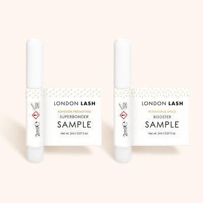 a sample bottle of london lash booster next to a sample of london lash superbonder