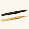 mega volume lash tweezers with ultra fine tips and fiber grip. A pair of black tweezers and a pair of gold lay side by side.