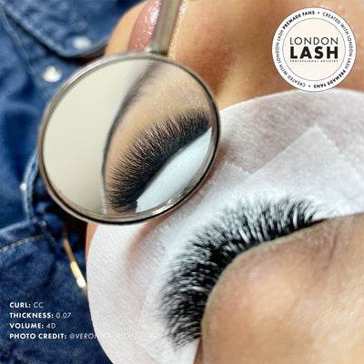 a set of volume lashes using premade lash fans