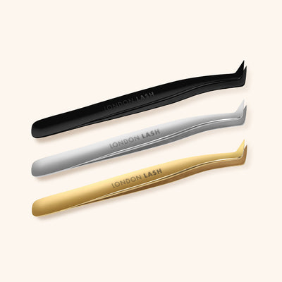 a set of three regular tip volume tweezers for lash extensions in silver, black and gold