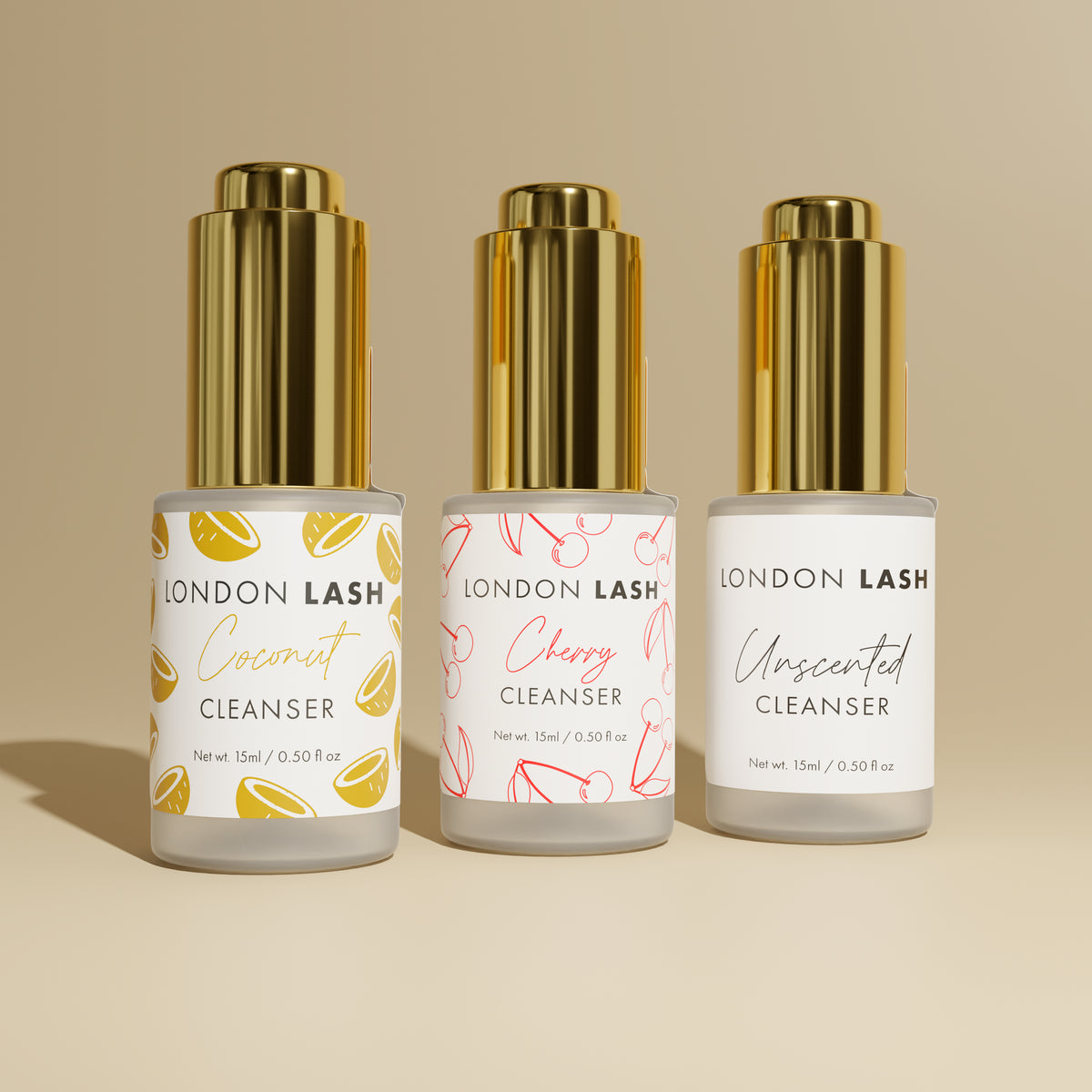 three bottles of london lash cleanser in all three scents (coconut, cherry and unscented)