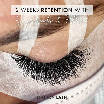 a close up of a set of eyelash extensions showing 2 weeks of lash retention with london lash superbonder and flexie lash glue