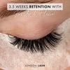 a close up of a set of eyelash extensions showing 3 weeks of lash retention with london lash booster and flexie lash glue