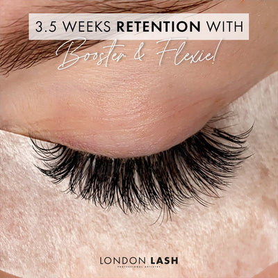a close up of a set of eyelash extensions showing 3 weeks of lash retention with london lash booster and flexie lash glue