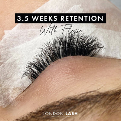 a close up of a set of eyelash extensions showing 3 weeks of lash retention with london lash flexie lash glue
