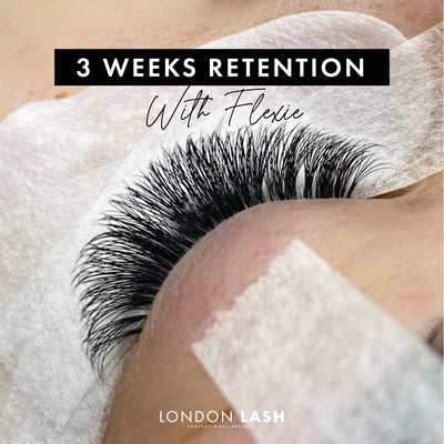 a close up of a set of eyelash extensions showing 3 weeks of lash retention with london lash flexie lash glue