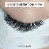 a close up of a set of eyelash extensions showing 4 weeks of lash retention with london lash flexie lash glue