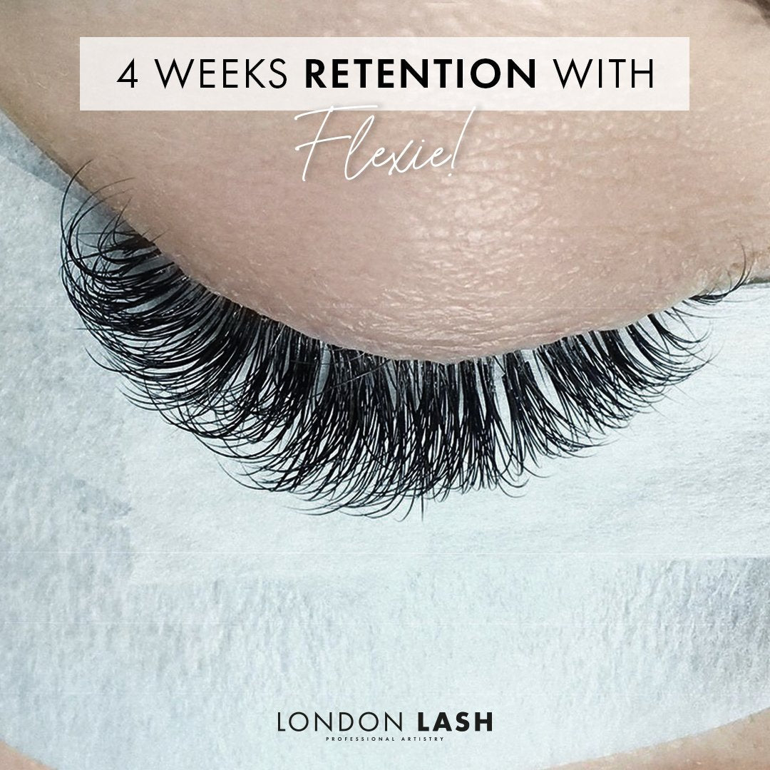 a close up of a set of eyelash extensions showing 4 weeks of lash retention with london lash flexie lash glue