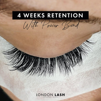 a close up of a set of lash extensions during a lash fill showing the retention after 4 weeks with power bond