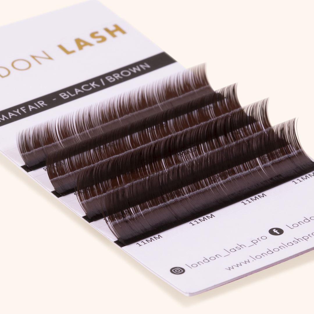 a close up of the lash card of mayfair black brown lashes, showing the 4 different lengths and the color of the lashes