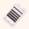 a sample box of mayfair black brown lash extensions with 4 rows of eyelash extensions from 8mm up to 11mm