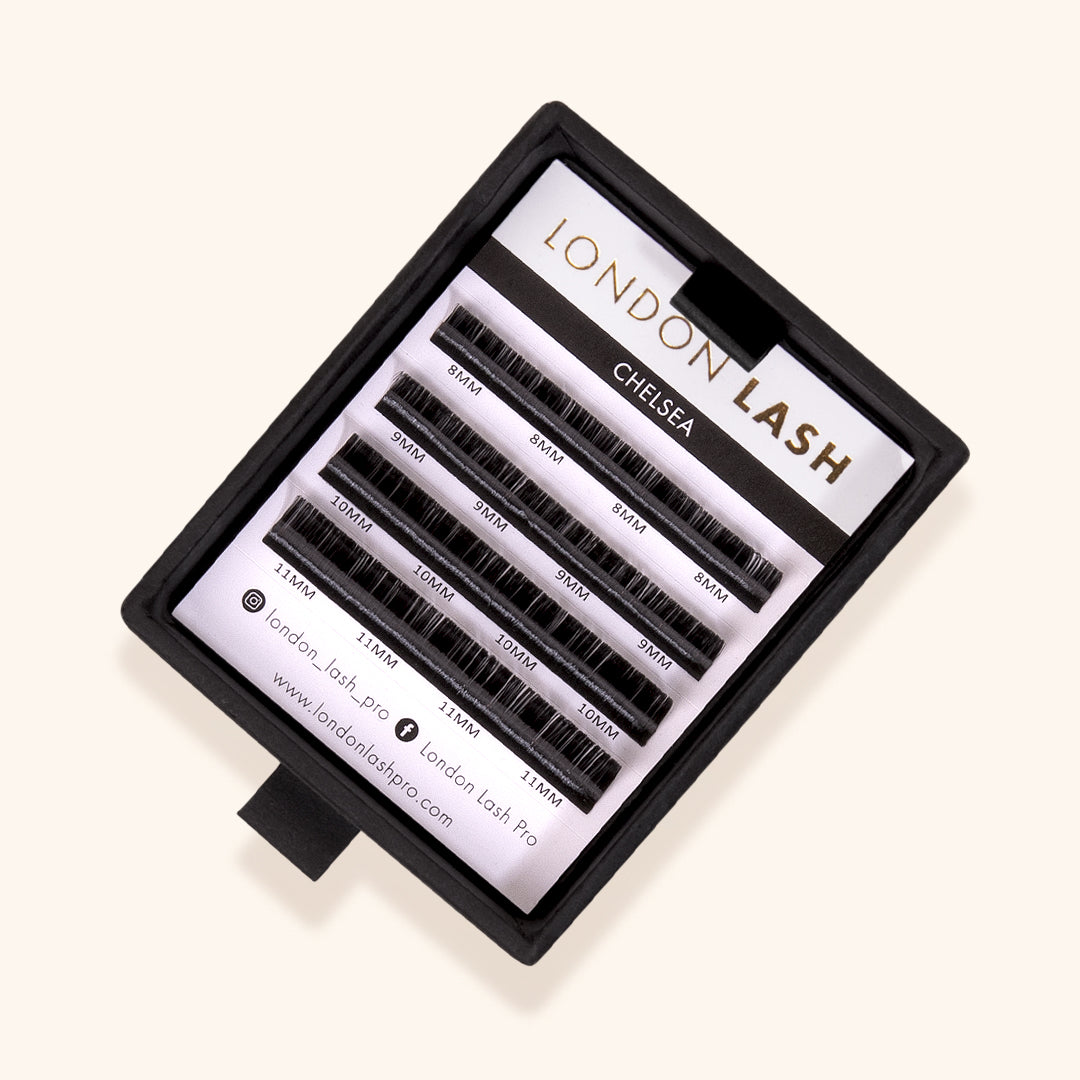 an open sample box of chelsea volume eyelash extensions