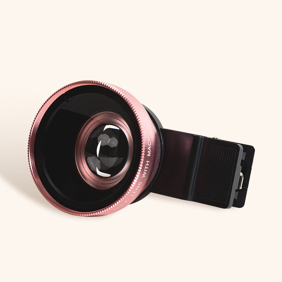 a close up of the clip on macro lens in rose gold with the wide angle lens attachment 