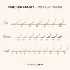 a digital drawing showcasing the different lengths, curls and thicknesses available in the london lash chelsea lash range