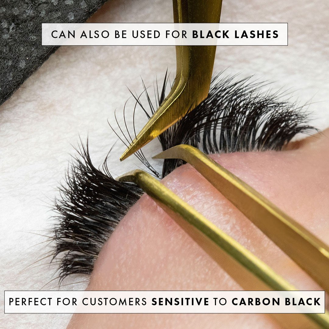 a photo of a set of lash extensions showing the clear finish of the lash glue 