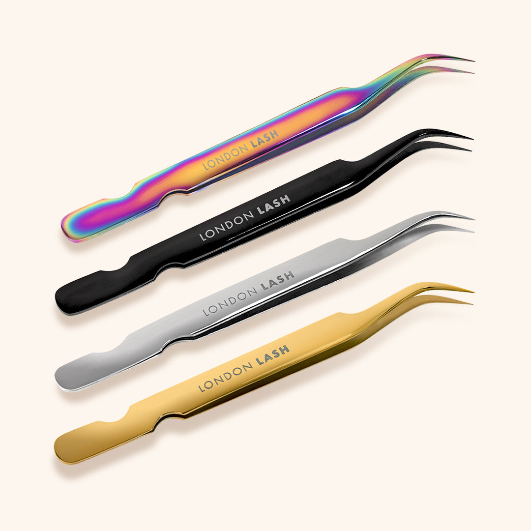a group of curved lash isolation tweezers in rainbow, black, silver and gold