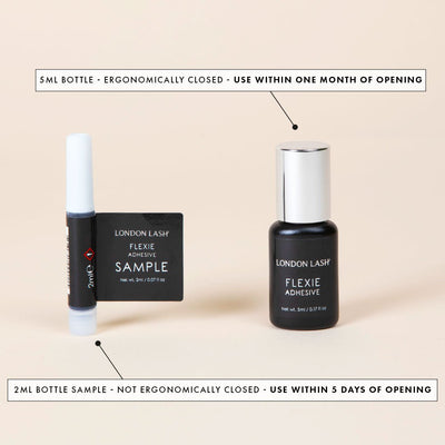 a full-sized bottle and a sample bottle of london lash flexie glue for eyelash extensions