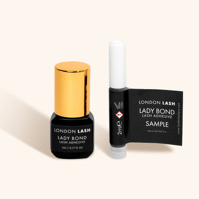 a sample bottle and a full-sized bottle of lady bond lash extension glue