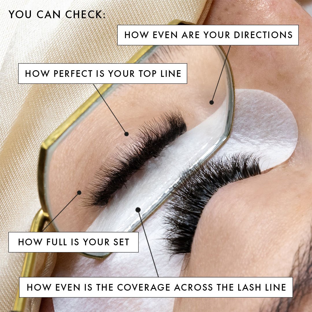 a lash mirror being used to check a set of lashes from underneath