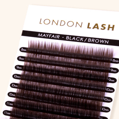 a close up of mayfair brown lash extensions