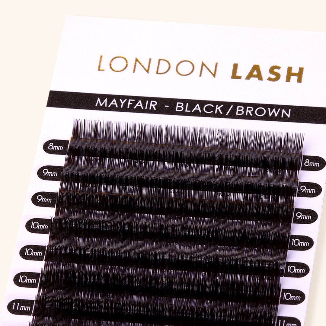 a close up of mayfair brown lash extensions