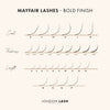 a digital drawing showing the different lash curls, thicknesses and lengths available in the Mayfair lash range