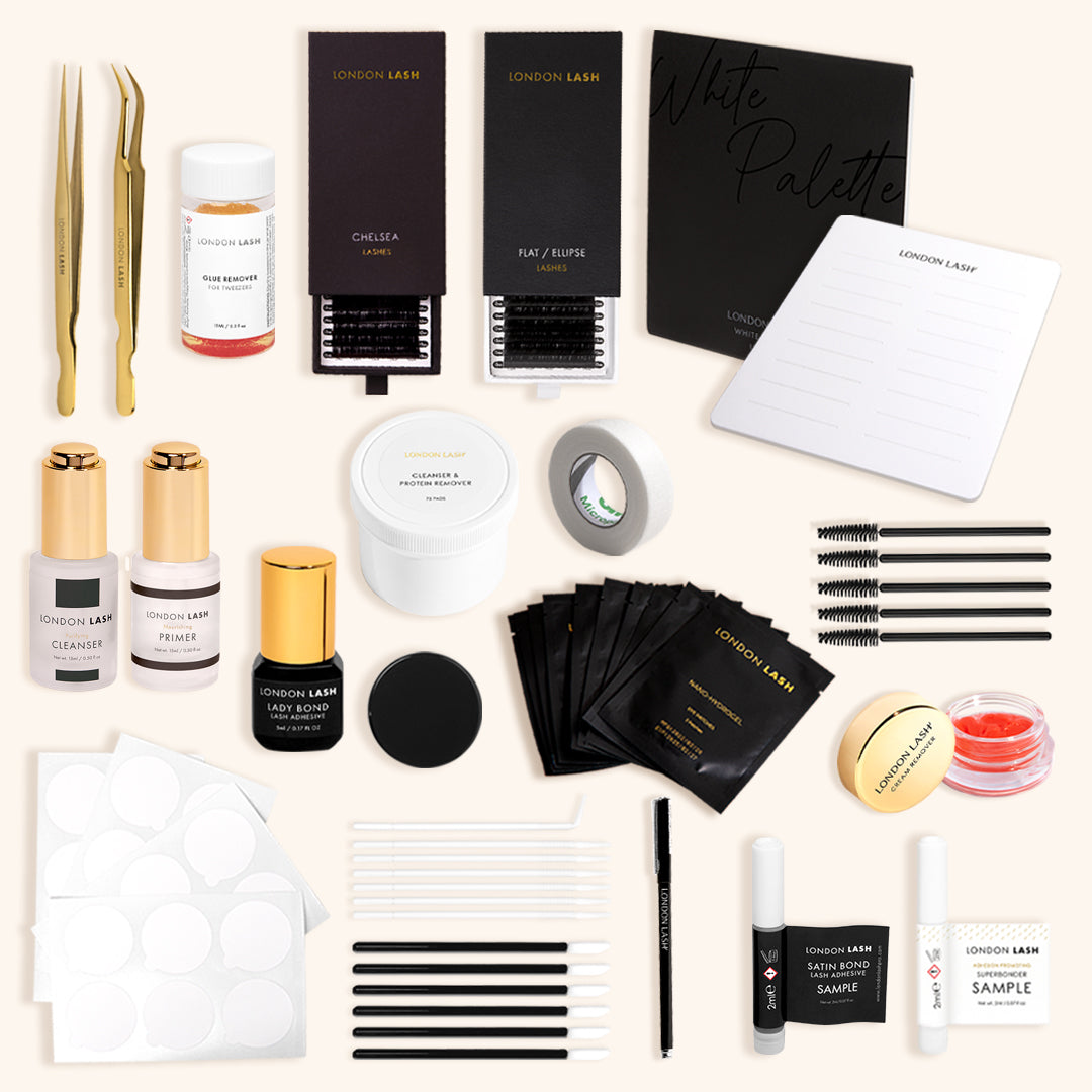 a flat lay of a classic eyelash extensions kit