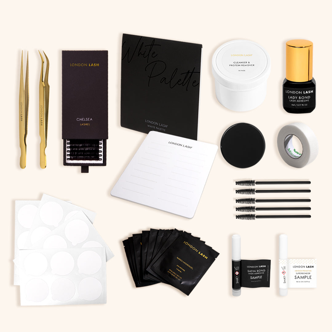 a flat lay of a classic eyelash extensions kit