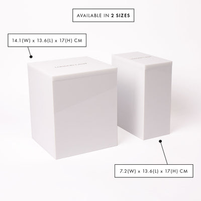 a large white acrylic organizer with space for (and including) ten lash palettes, next to a thinner version which also contains ten lash palettes