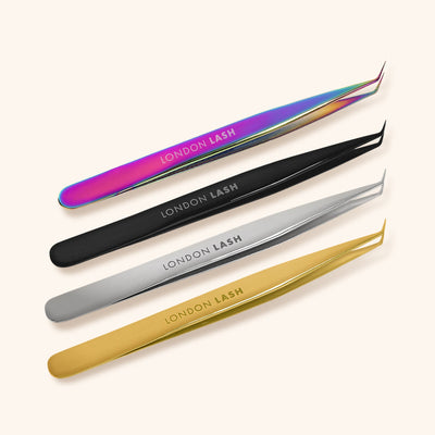 a group of four pairs of multifunctional tweezers for classic eyelash extensions in silver, black, oil slick and gold