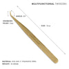 multifunctional lash tweezers in gold with sizing information. Tweezers are 13 centimeters in length and have a 7 millimeter tip