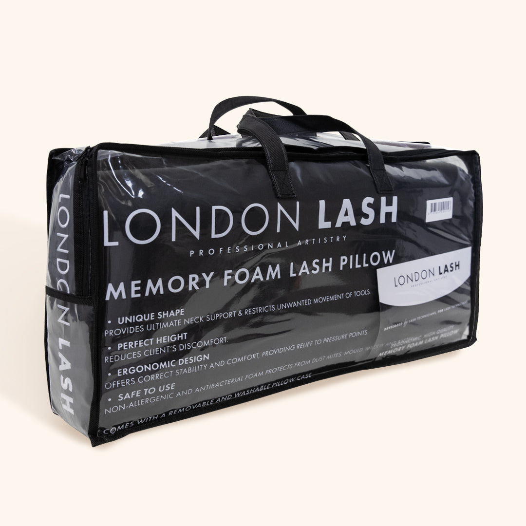 the london lash memory foam neck pillow in black in its carry case