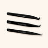 all three types of london lash fiber grip volume lash tweezers side by side