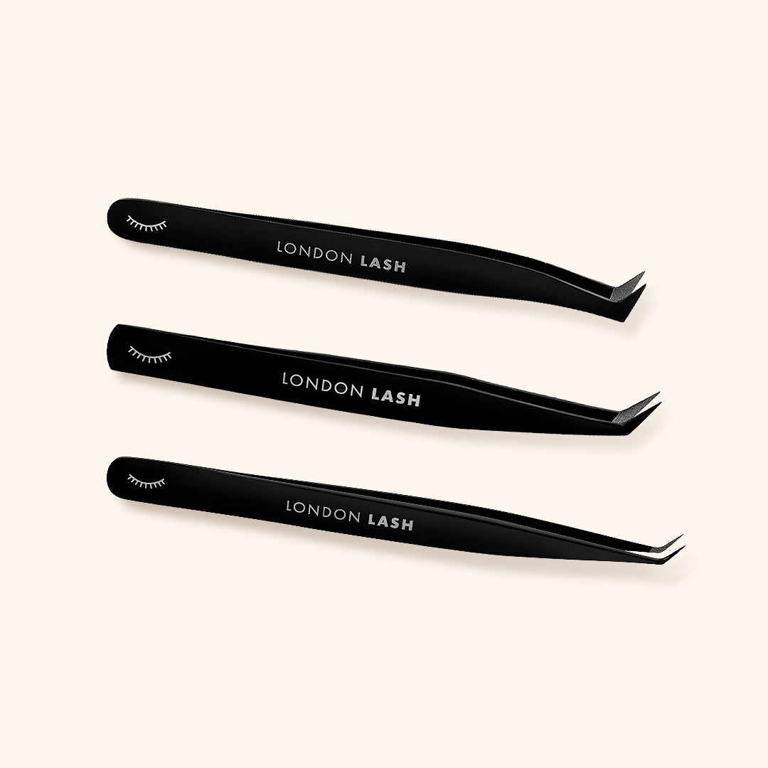 all three types of london lash fiber grip volume lash tweezers side by side