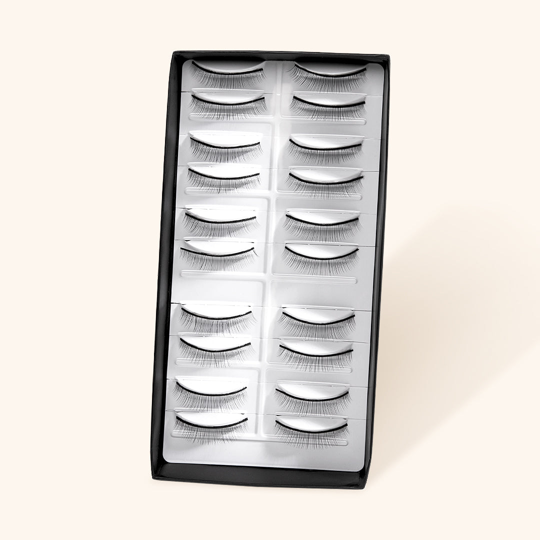 an open box of practice lash strips containing ten pairs of practice lash strips