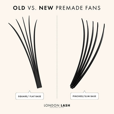 a digital drawing depicting the differences in premade fans with a flat base and with a pinched based