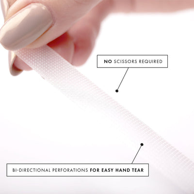 a strip of perforated tape for lash extensions with informational tags explaining that no scissors are needed as the tape features perforations for easy tearing