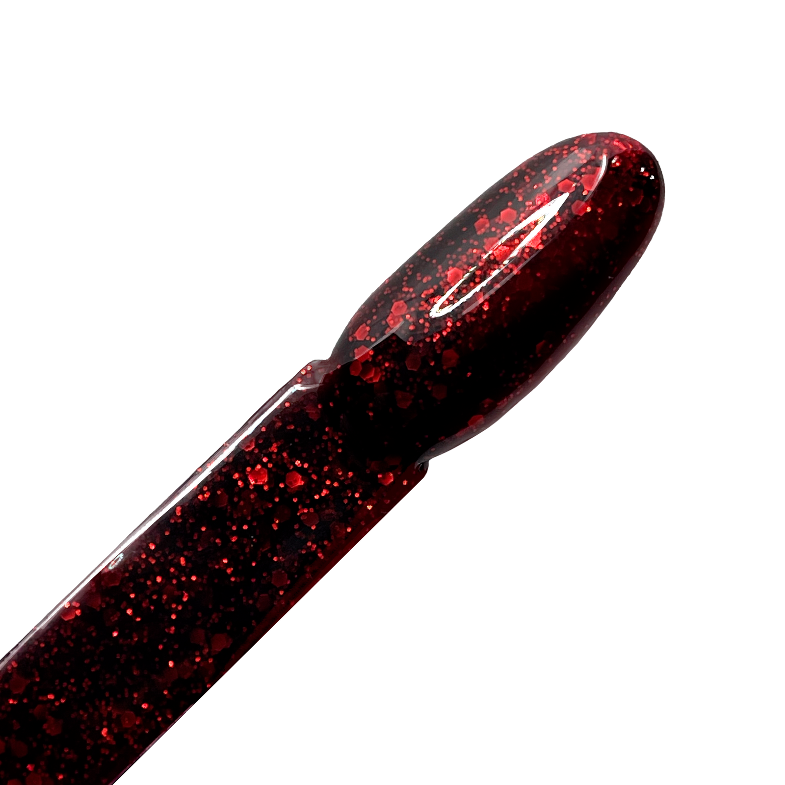Dark red shimmer gel nail polish on a nail swatch stick