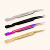 a group of four pairs of pointed tweezers for classic eyelash extensions in silver, black, oil slick and gold