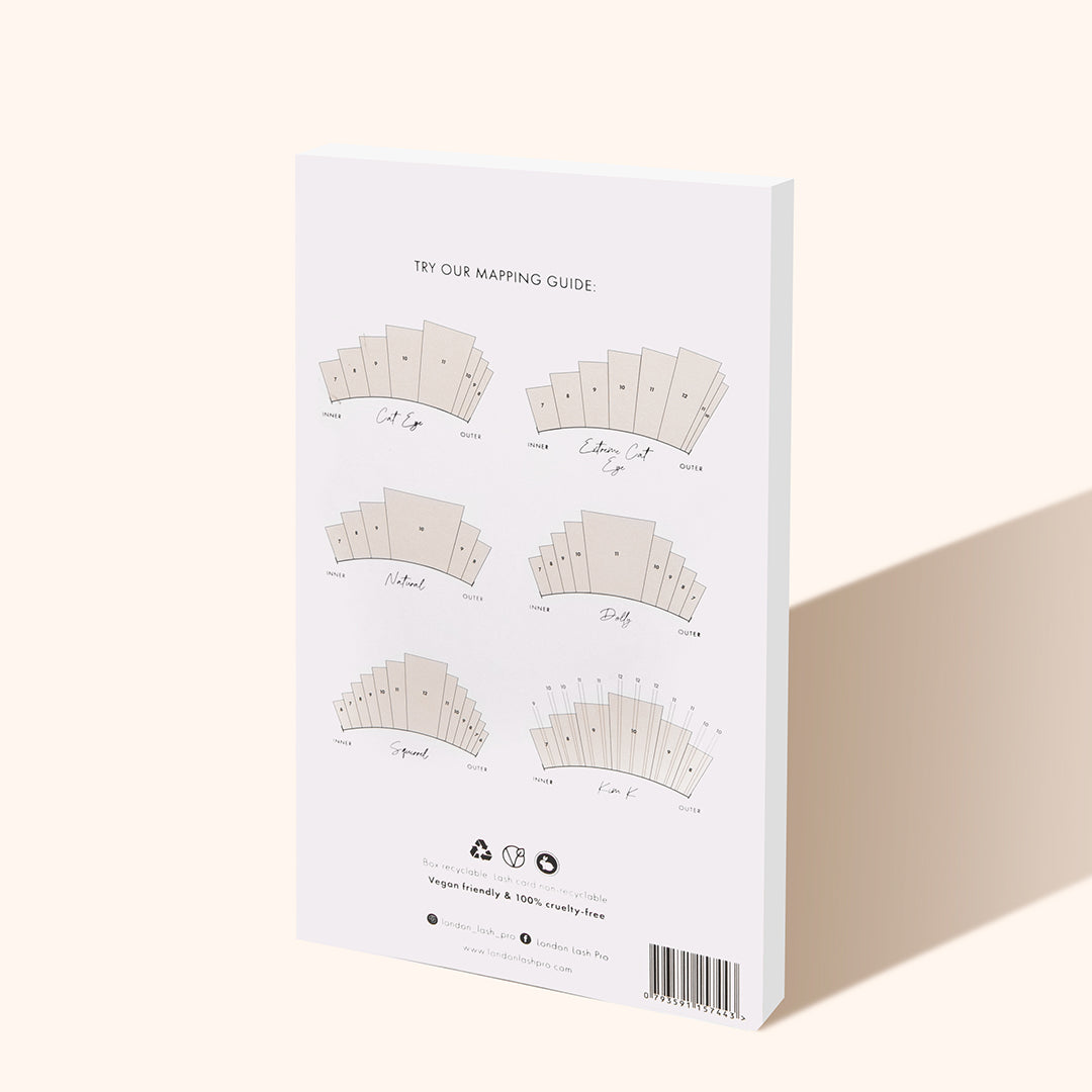 Eyelash extensions in white box with printed lash maps 