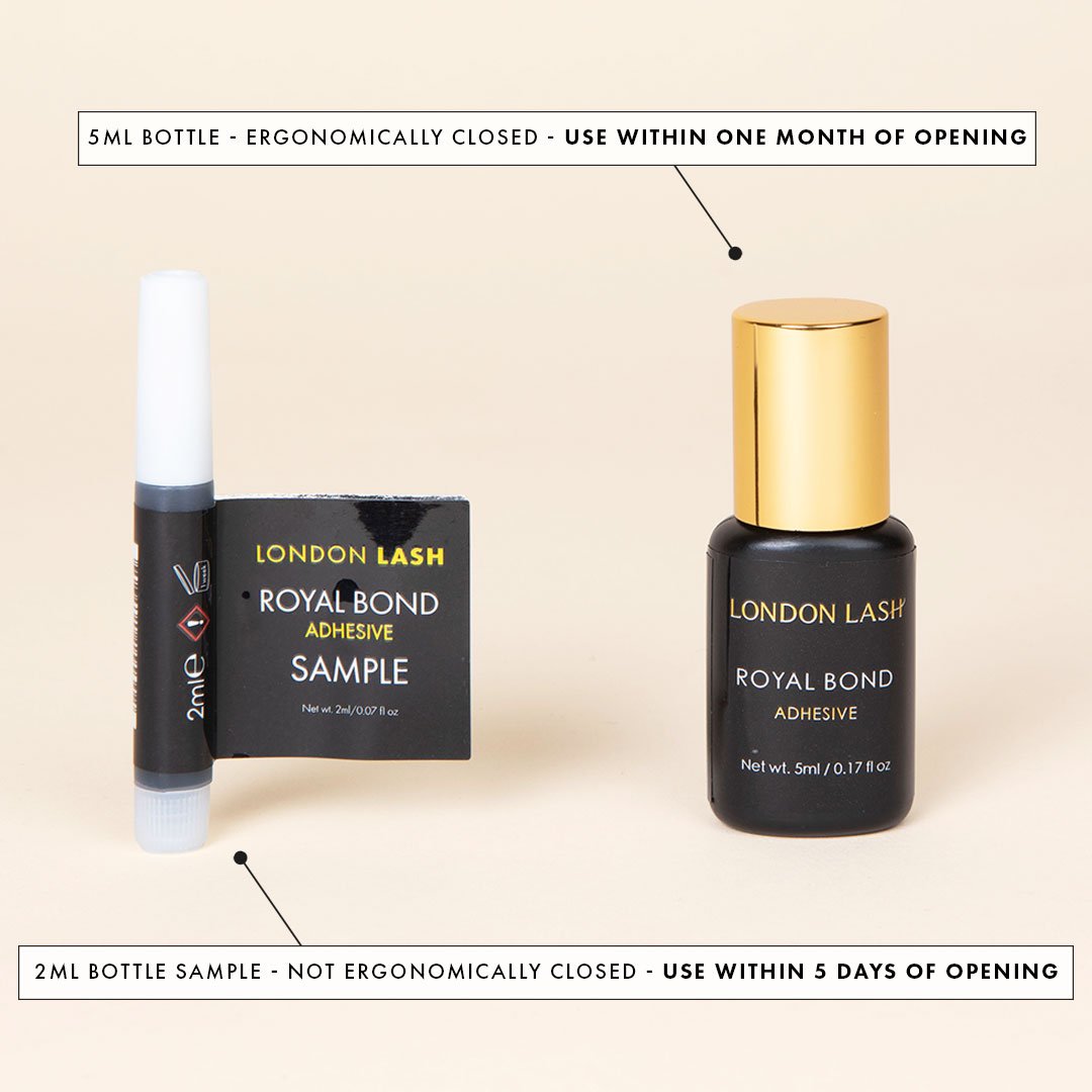 a sample bottle and a full-sized bottle of royal bond lash glue