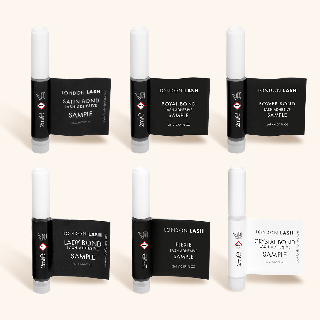 six sample-sized bottles of each london lash eyelash extension glue