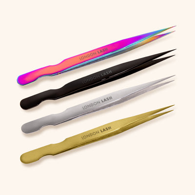 a set of four pairs of straight isolation tweezers for classic lash extensions in silver, gold, black, and oil slick