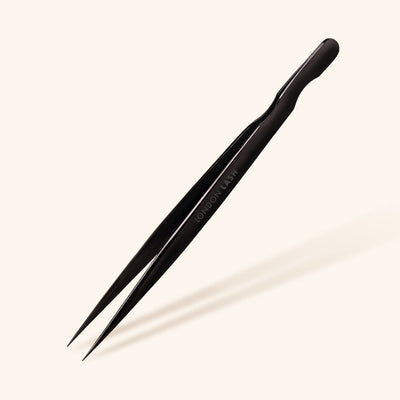 a pair of straight isolation tweezers for classic lash extensions in black