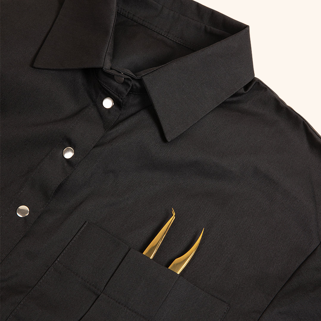 a shirt style tunic lash tech uniform with a breast pocket