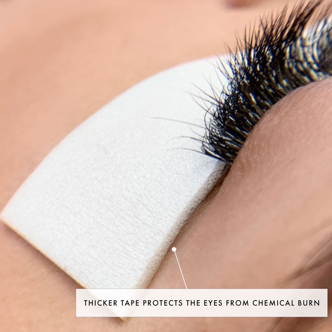 microfoam tape applied to the lower eyelid during lash extension treatment