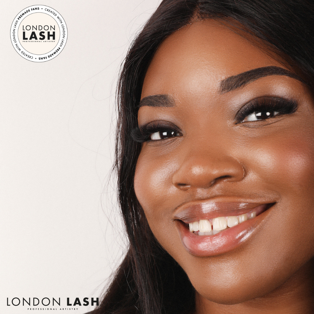 a model with a set of volume lashes using premade lash fans