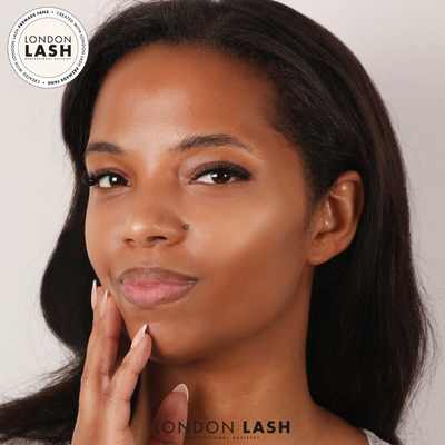 a model with a set of volume lashes using premade lash fans