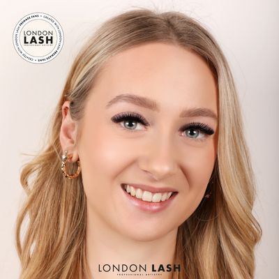 a model with a set of volume lashes using premade lash fans